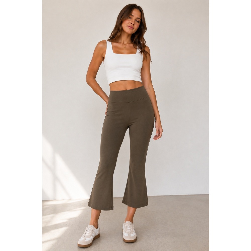 YAXII Olive Viscose Lycra Thick Stretch Flare Pants‎ S Lounge Boho Yoga Pilates